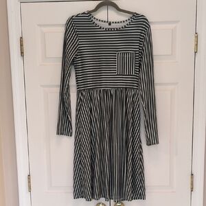 Olive And White Striped Long-Sleeve Dress With Pockets